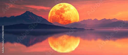 Majestic Moonrise Over Mountain Range Reflecting in Calm Lake Waters at Sunset Landscape Scenic View