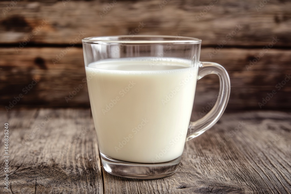 Close-up of Fresh Milk in Clear Glass Mug on Rustic Wood Tabletop; Healthy Drink; Dairy Product; Simple Still Life; Natural Light; Neutral Tones; Farmhouse Aesthetic Close-up of Fresh Milk in Clear Glass Mug on Rustic Wood Tabletop; Healthy Drink; Dairy Product; Simple Still Life; Natural Light; Neutral Tones; Farmhouse Aesthetic