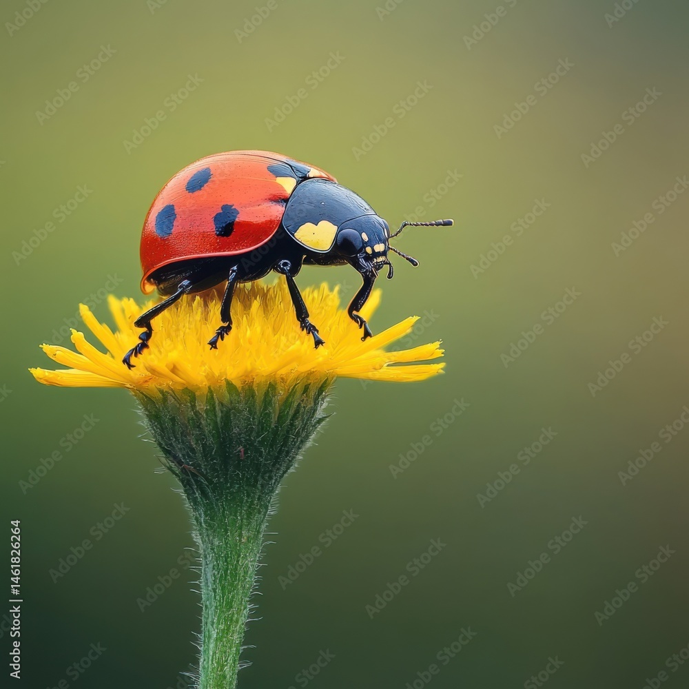 Fototapeta premium A ladybug perched on a vibrant yellow flower against a soft green background.