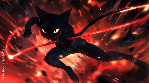 Cat Noir fighting with spinning baton moves in anime style