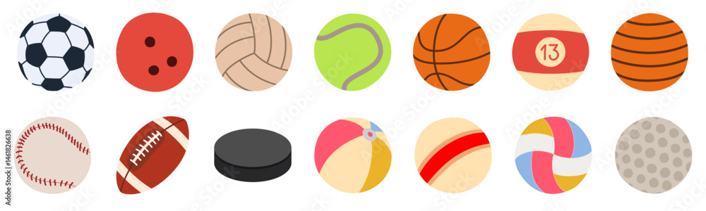 Obraz premium Sports ball set. Color icon. Vector illustration. Football, basketball, volleyball, baseball, rugby, billiards, tennis, golf, children's, beach, fitness equipment