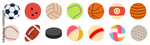Sports ball set. Color icon. Vector illustration. Football, basketball, volleyball, baseball, rugby, billiards, tennis, golf, children's, beach, fitness equipment