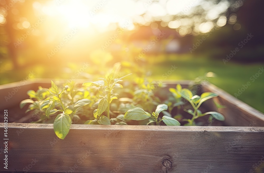 Naklejka premium Growing herbs in a wooden garden box at sunset