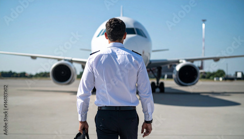Airline pilot seen from the back standing in front of a big plane ready to start the workday