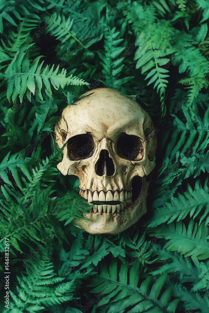 Skull resting among green ferns overhead shot spooky Halloween concept nature background forest floor Skull resting among green ferns overhead shot spooky Halloween concept nature background forest floor