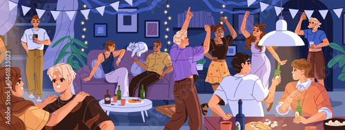 Happy friends have fun at house party at night. Students celebrate Birthday, holiday at home. People dance with music, drink alcohol, sits and talk on sofa in cozy room. Flat vector illustration