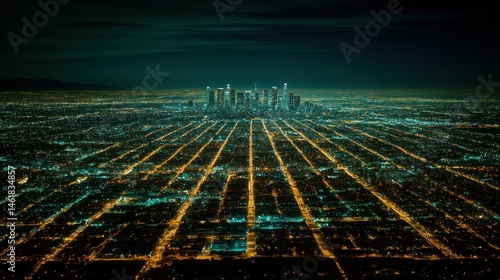 Aerial view of a sprawling city at night, illuminated streets converging towards a central cityscape