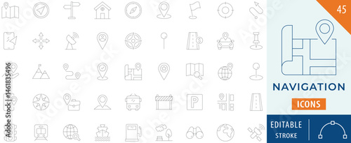 Navigation Collection icon set. Containing location, globe, services, travel apps, destination, compass, and more. Editable stroke.