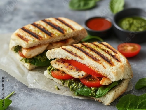 Wallpaper Mural Delicious chicken panini with pesto and tomato halves on parchment paper studio shot close up food photography Torontodigital.ca