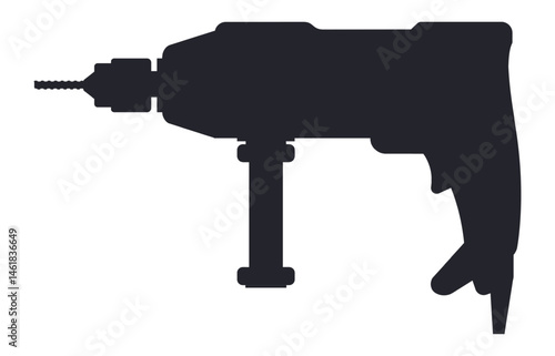 Dark silhouette of a rotary hammer drill featuring a drill bit, isolated against a white background, perfect for illustrating construction and renovation projects