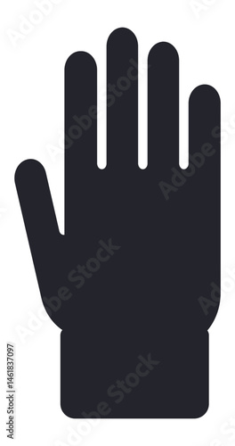 Simple black silhouette of open hand with five fingers extended upwards, isolated on white background, representing concepts such as greeting, voting, or counting