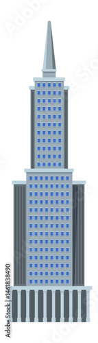Modern skyscraper reaching for the sky, featuring a sleek gray facade punctuated by rows of blue windows, conveying urban power and architectural prowess