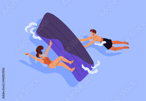Boy threw girl off from floating inflatable mattress into water. People have fun in ocean together. Happy friends are swimming in sea, play with pool raft in summer. Flat isolated vector illustration