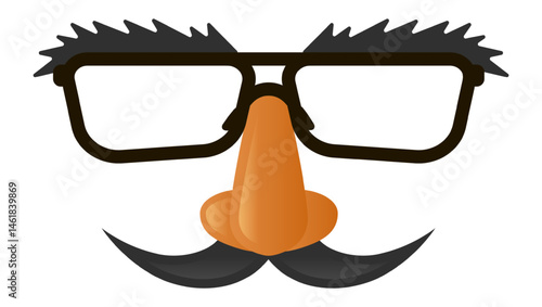 Carnival accessories creating a comical character with oversized glasses, a prominent fake nose, a thick mustache, and bushy eyebrows, evoking humor and playful disguise