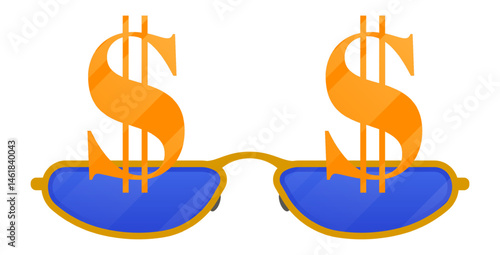 Golden glasses with dollar sign representing wealth, investment, profit, and financial success, creating a visual metaphor for money oriented vision