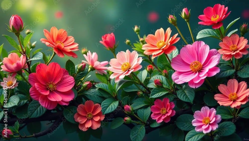 Continuous blooming flowers, interconnected vines , elegant, leaves Continuous blooming flowers, interconnected vines , elegant, leaves