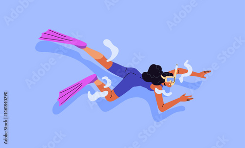 Woman in swimsuit is swimming underwater in ocean. Swimmer with snorkel, goggles, flippers does scuba diving in sea. Diver is freediving in water in summer vacation. Flat isolated vector illustration