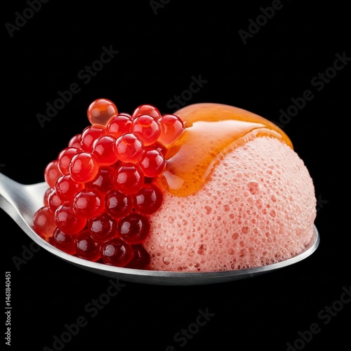 Fototapeta Naklejka Na Ścianę i Meble -  Molecular gastronomy dessert - raspberry caviar with strawberry foam and caramel, on spoon