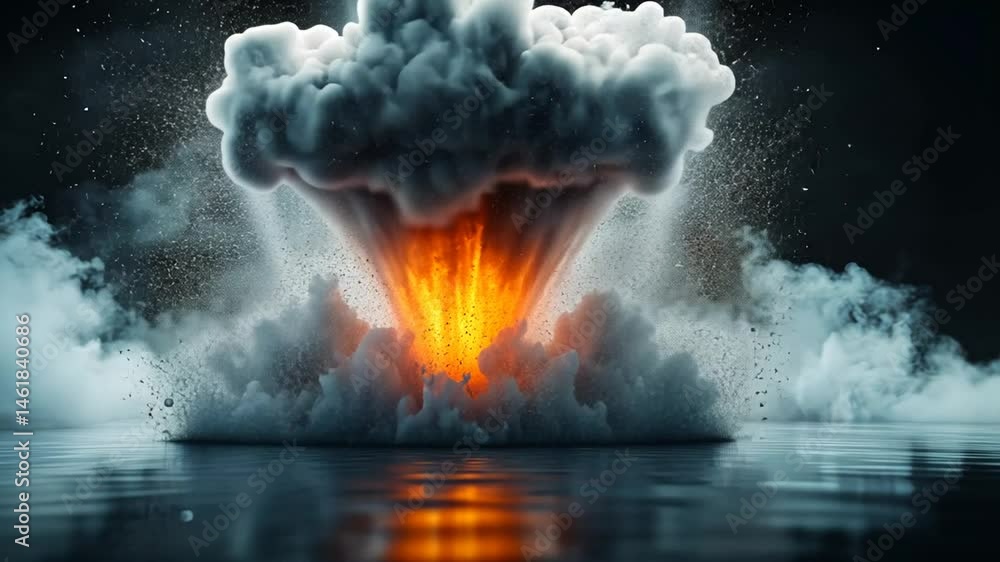 Dramatic explosion with intense fiery core rising into billowing, smoky clouds