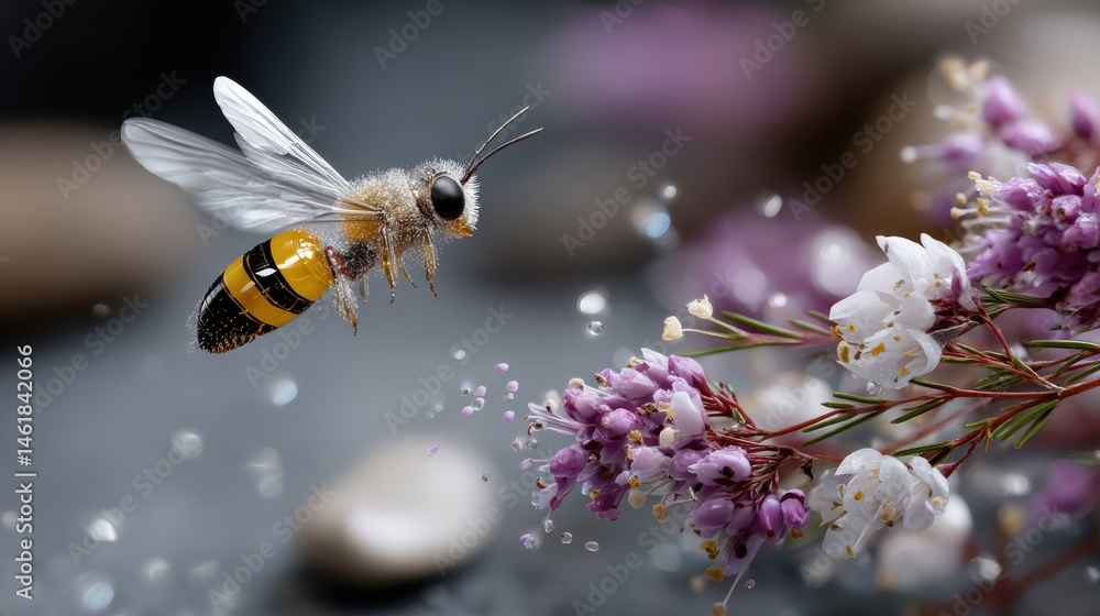 Little bumblebee cartoon with oversized eyes flying above a flower field for nature-themed packaging,