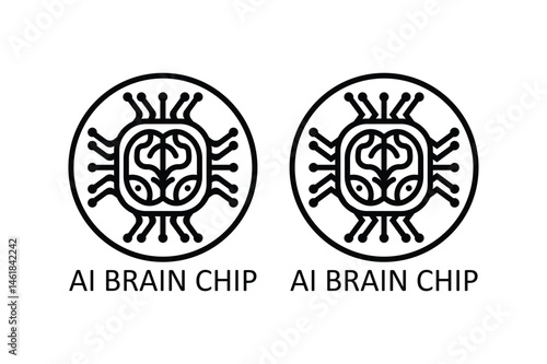 AI brain chip icons in circular tech style. Neural network symbol isolated on white Background.