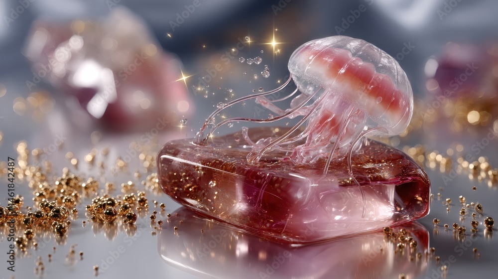 Original pink jellyfish cartoon floating with sparkles and brand tag for childrens cosmetics,