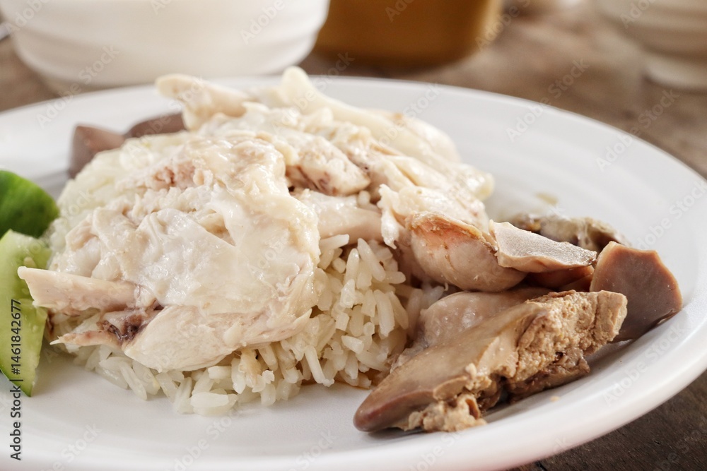Steamed rice topped with chicken Singapore street food Steamed rice topped with chicken Singapore street food