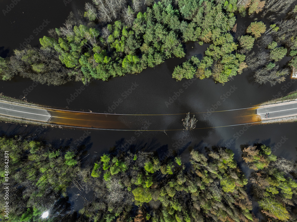 Lake District swallow hole flooded as a result of the mining damage Pomorzany mine in Olkusz,Poland. Aerial drone view of flooded road. Forest submerged in a lake. Sunken sandpit with clear water