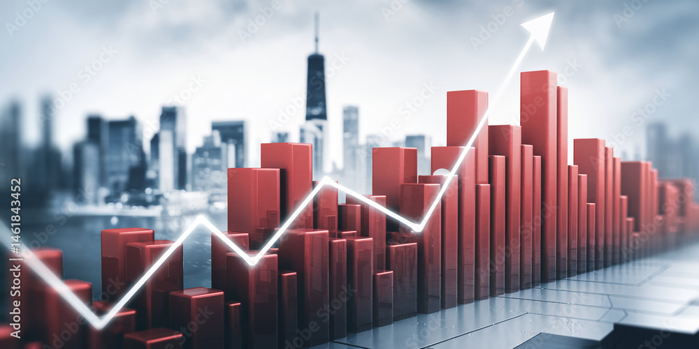 Fototapeta premium Red 3D bar graph rising against city skyline, showcasing business growth and success, ideal for financial presentations or reports