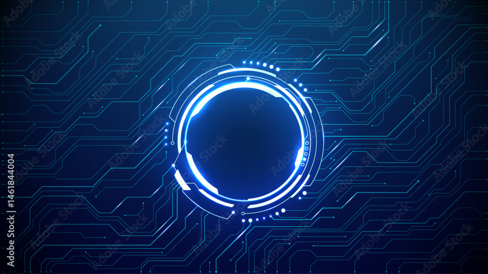 Neon light blue circle portal with electronics elements and wires are on a futuristic technology circuit board. Technology sky-fi background. Round glowing HUD with space for text. Vector tech bg.