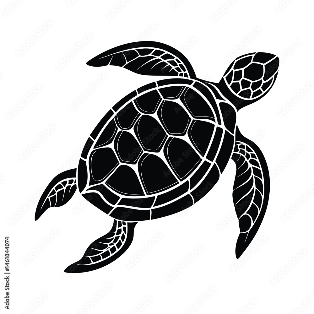 Fototapeta premium Black and white silhouette of a sea turtle isolated on a clean white background design