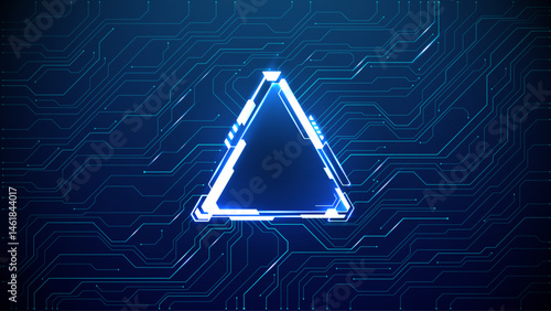 Futuristic blue tech background with glowing AI triangle portal and neon circuit board elements. Abstract digital frame design for artificial intelligence and high-tech concepts.