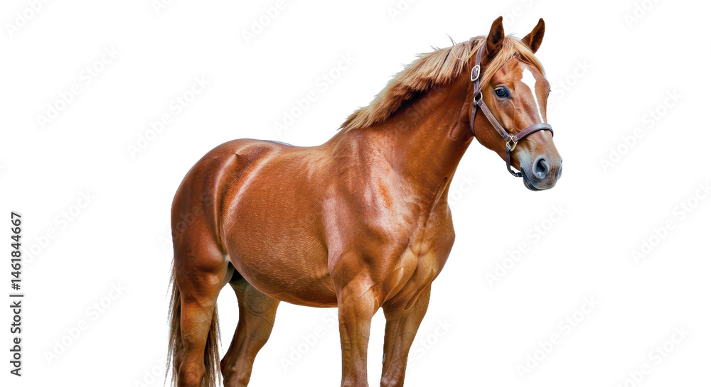 Naklejka premium Cinnamon Horse Standing Gracefully Warm Reddish-Brown Coat Silky Mane Gentle Eyes Isolated White Equine