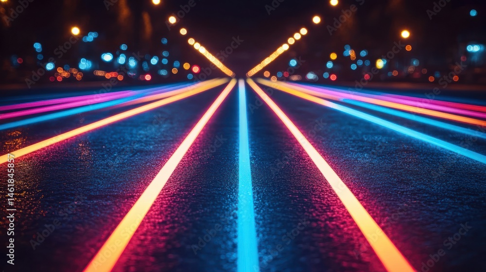 Obraz premium Neon-lit city road at night, glowing lines