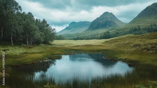 Serene Mountain Landscape with Lake, Green Meadows, and Dramatic Sky