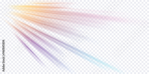 Light beam illustration, neon light strip, high speed motion background, on transparent background in PNG format. Glow luminous glitter shimmer trail. 