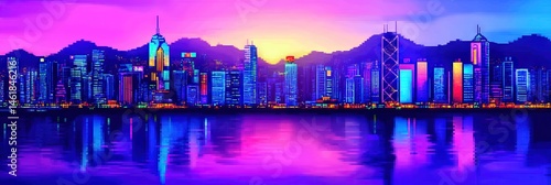 16-bit pixel art hong kong downtown skyline -