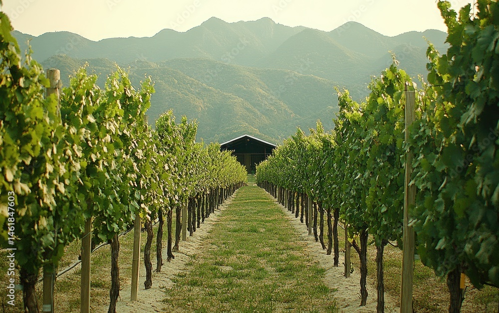 Naklejka premium Lush vineyard rows stretching to a distant building, nestled amidst rolling hills