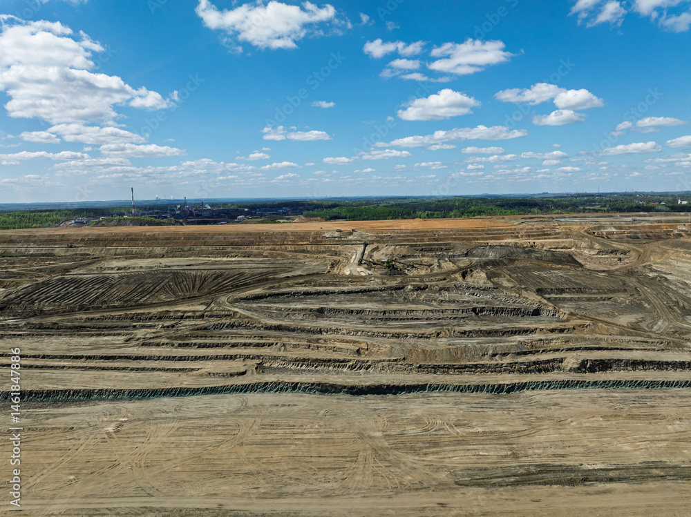 Industrial coal mine, abstract sendimentation tank of mine in Poland. Industrial lake Aerial drone photo view. Settling tanks and clarifiers are on wastewater treatment plant