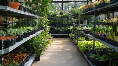 Greenhouse Interior Filled with Potted Plants on Shelves, Garden Center