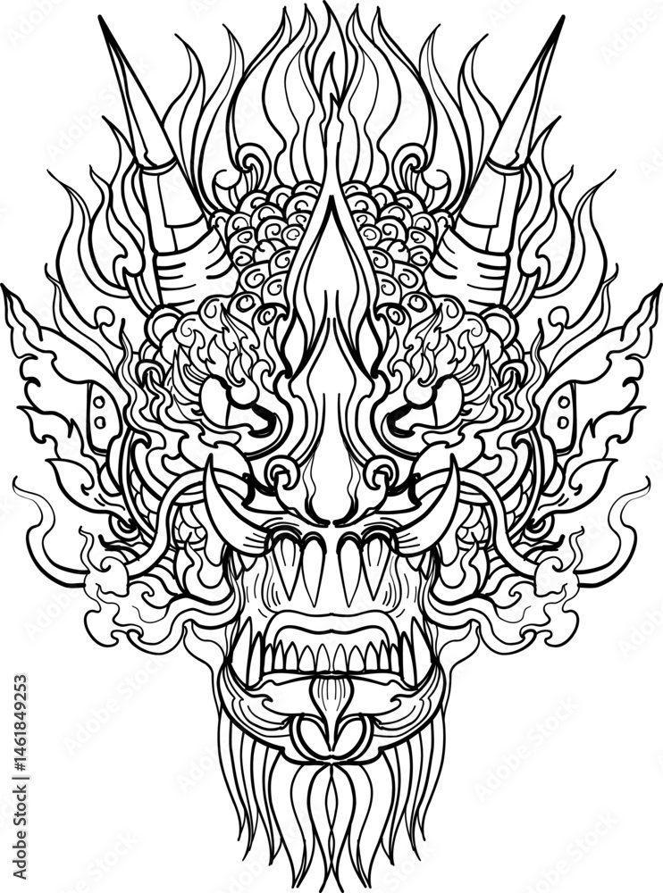 Fototapeta premium black-and-white illustration of a mythical dragon-naga hybrid face. The artwork combines the fierce expression of a Chinese dragon with the ornamental flames, scales,