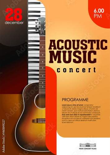 Acoustic music concert poster template. Acoustic guitar, piano, orange, brown background and text. Editable EPS 10 vector	
