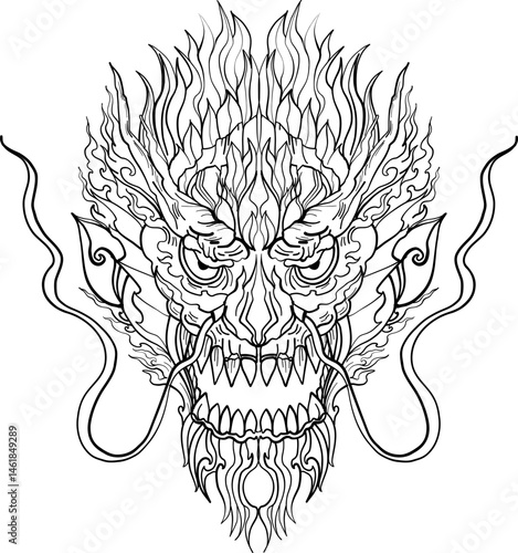 black-and-white illustration of a mythical dragon-naga hybrid face. The artwork combines the fierce expression of a Chinese dragon with the ornamental flames, scales,