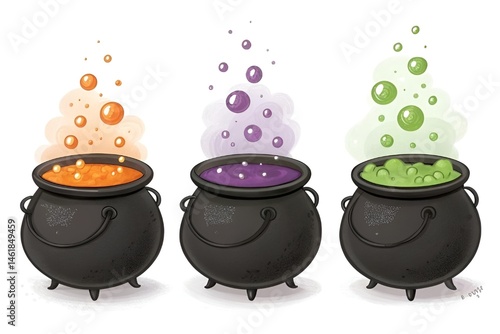 Whimsical Halloween Cauldrons with Colorful Bubbling Potions Illustration
