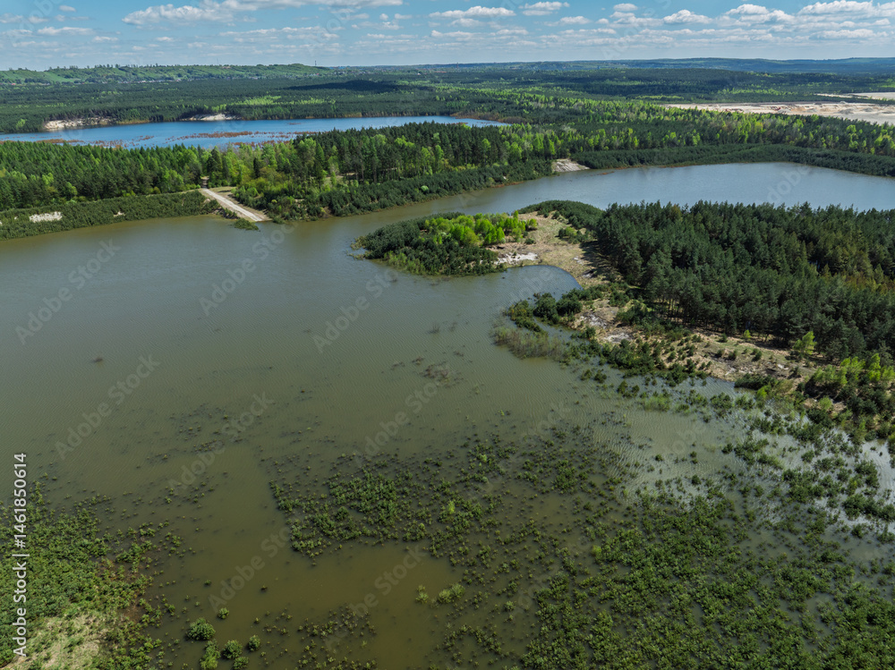 Lake District swallow hole flooded as a result of the mining damage Pomorzany mine in Olkusz,Poland. Aerial drone view of flooded sand pit. Forest submerged in a lake. Sunken sandpit with clear water