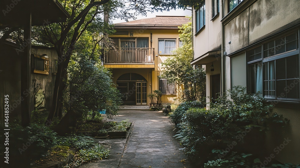 Fototapeta premium Quaint Courtyard of a Weathered, Multi-Story Dwelling with Lush Greenery and a Stone Pathway