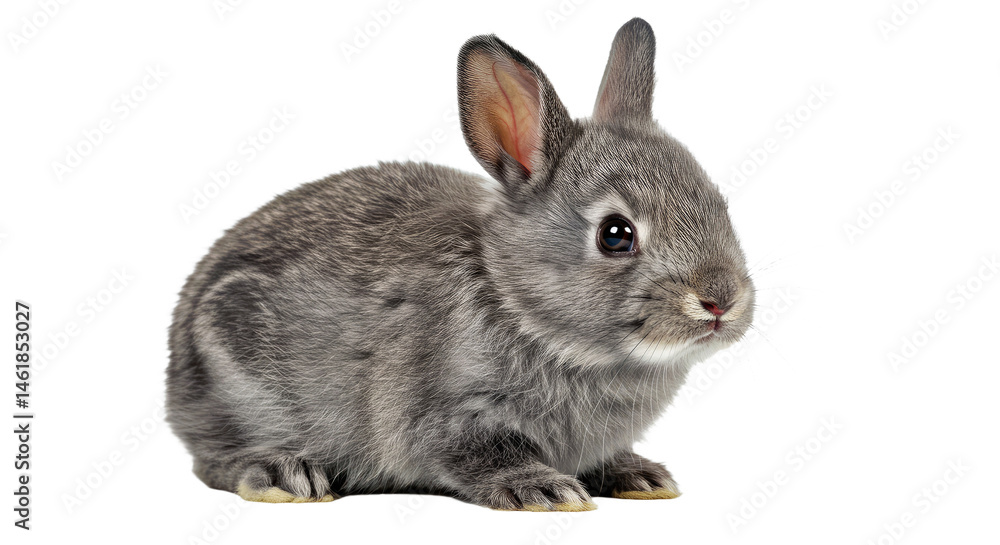 Fototapeta premium Netherland Dwarf Rabbit Soft Gray Fur Tiny Compact Body Sitting Peacefully Isolated White Pet Bunny
