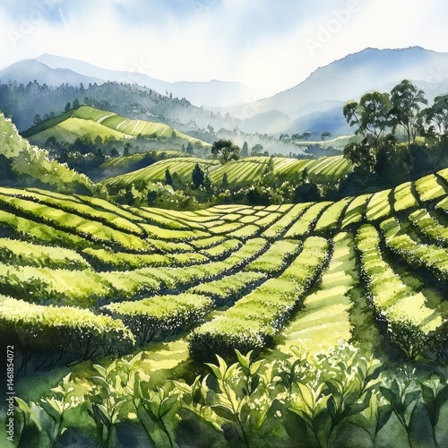 Lush tea plantations on terraced hills under a vibrant sky