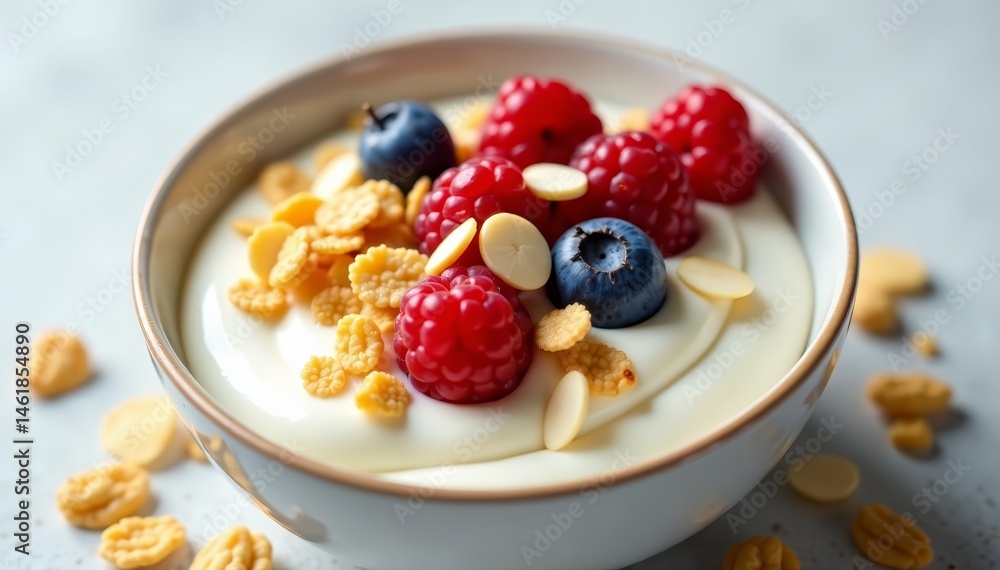 Creamy yogurt bowl topped with fresh berries, crunchy cornflakes, and sliced almonds, food, nutrition, fruit Creamy yogurt bowl topped with fresh berries, crunchy cornflakes, and sliced almonds, food, nutrition, fruit