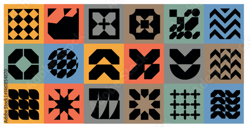 Modern mosaic background with bold abstract geometry. Minimalist postmodern composition, Swiss grid layout, brutal shapes, primitive blocks, and decorative art nouveau influence.	